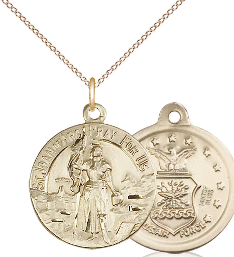 14kt Gold Filled Saint Joan of Arc Air Force Pendant on a 18 inch Gold Filled Light Curb chain
