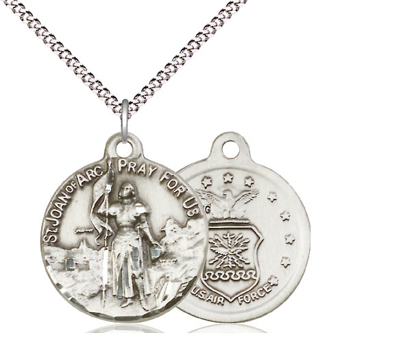 Sterling Silver Saint Joan of Arc Air Force Pendant on a 18 inch Light Rhodium Light Curb chain