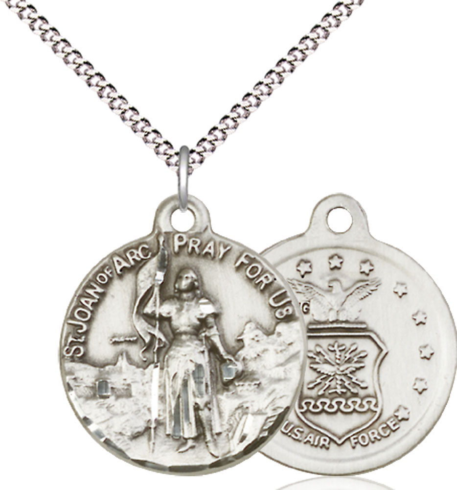 Sterling Silver Saint Joan of Arc Air Force Pendant on a 18 inch Light Rhodium Light Curb chain
