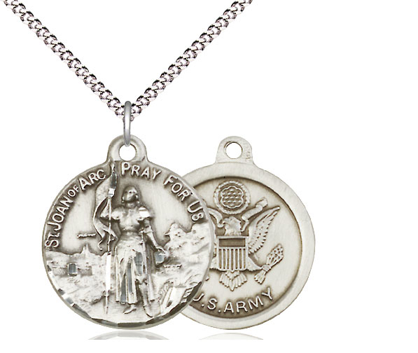 Sterling Silver Saint Joan of Arc Army Pendant on a 18 inch Light Rhodium Light Curb chain