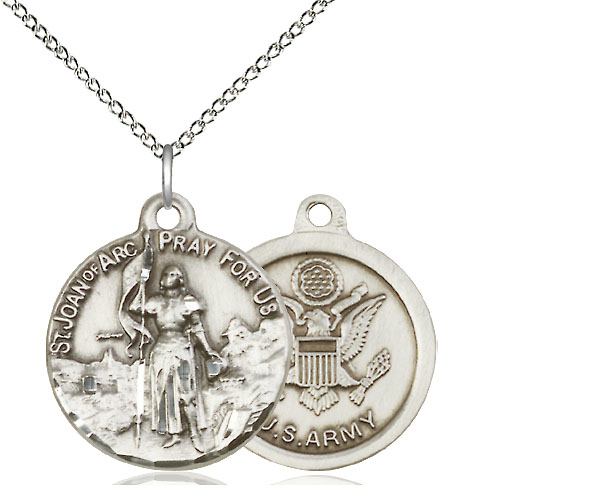 Sterling Silver Saint Joan of Arc Army Pendant on a 18 inch Sterling Silver Light Curb chain