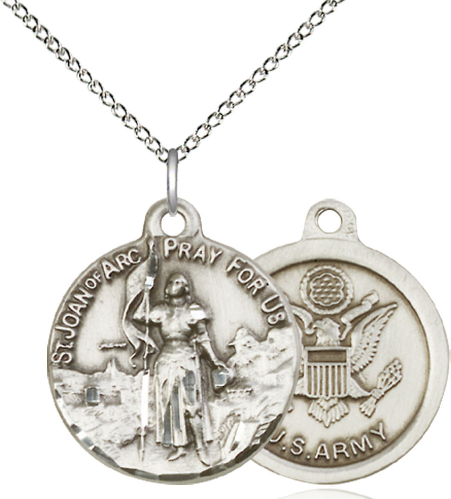 Sterling Silver Saint Joan of Arc Army Pendant on a 18 inch Sterling Silver Light Curb chain