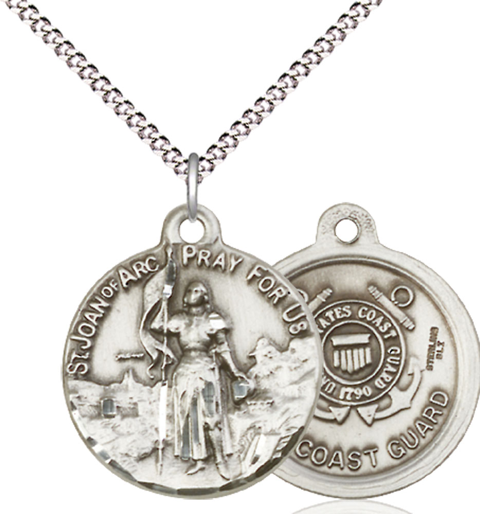 Sterling Silver Saint Joan of Arc Coast Guard Pendant on a 18 inch Light Rhodium Light Curb chain