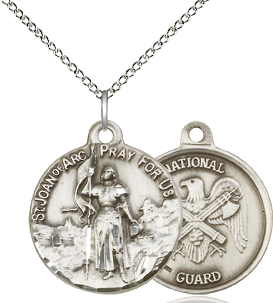 Sterling Silver Saint Joan of Arc National Guard Pendant on a 18 inch Sterling Silver Light Curb chain