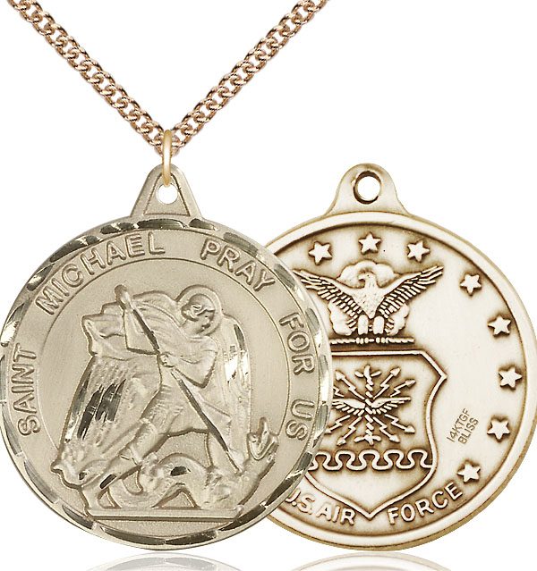 14kt Gold Filled Saint Michael Air Force Pendant on a 24 inch Gold Filled Heavy Curb chain