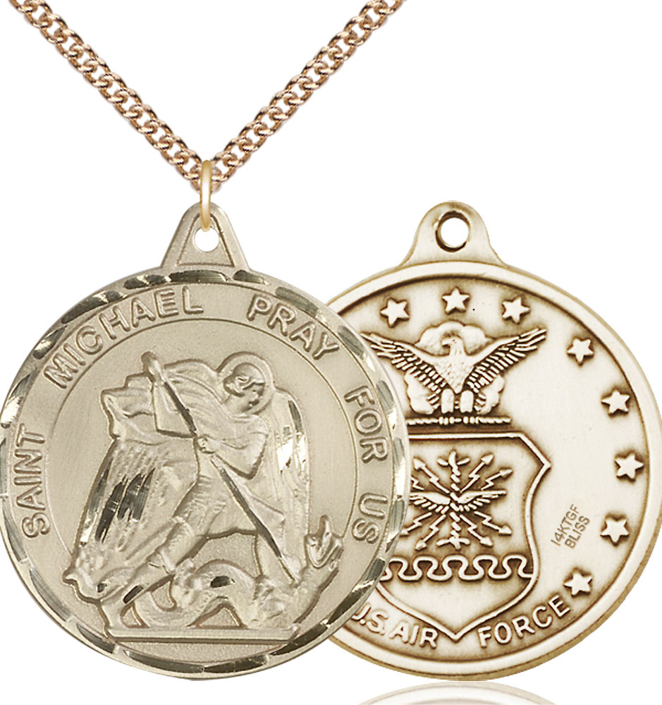 14kt Gold Filled Saint Michael Air Force Pendant on a 24 inch Gold Filled Heavy Curb chain