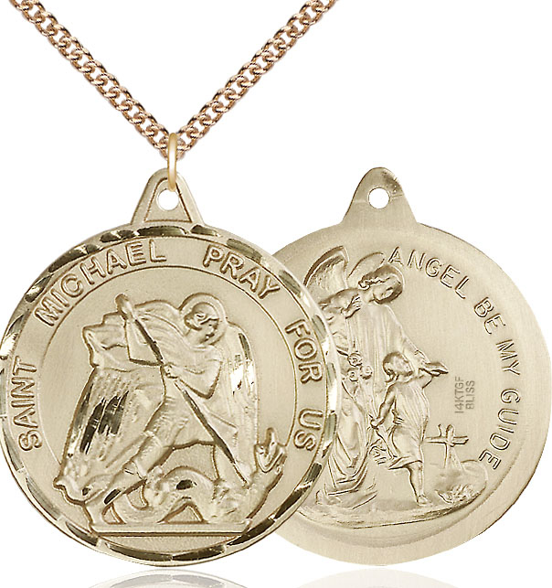 14kt Gold Filled Saint Michael Guardian Angel Pendant on a 24 inch Gold Filled Heavy Curb chain