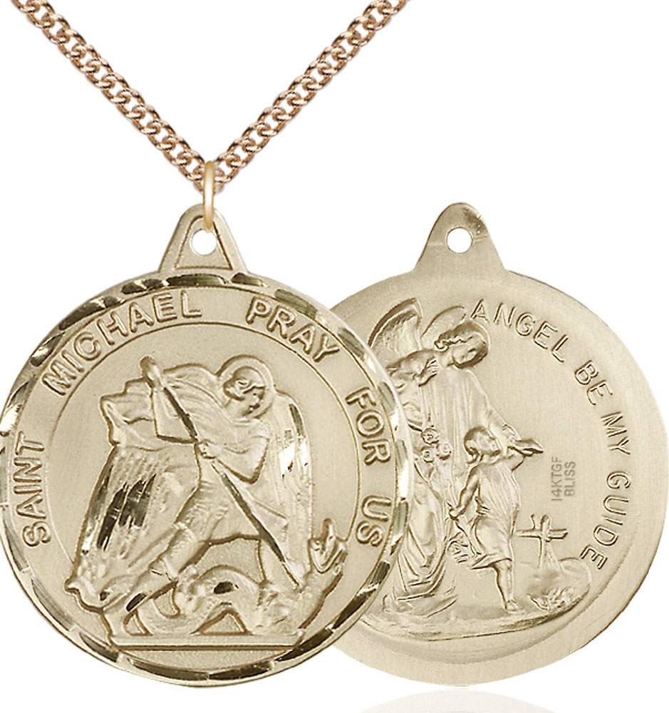 14kt Gold Filled Saint Michael Guardian Angel Pendant on a 24 inch Gold Filled Heavy Curb chain