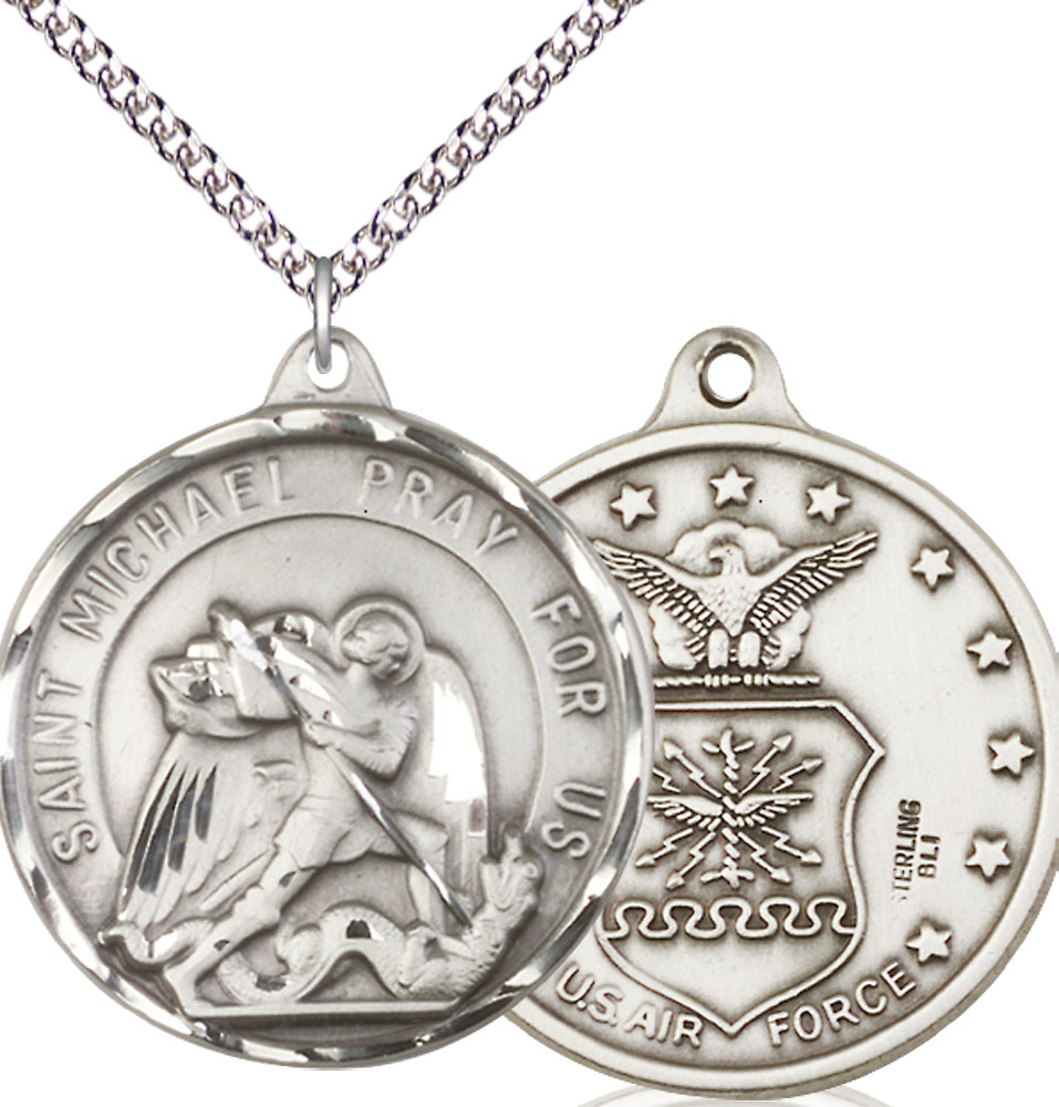 Sterling Silver Saint Michael Air Force Pendant on a 24 inch Sterling Silver Heavy Curb chain