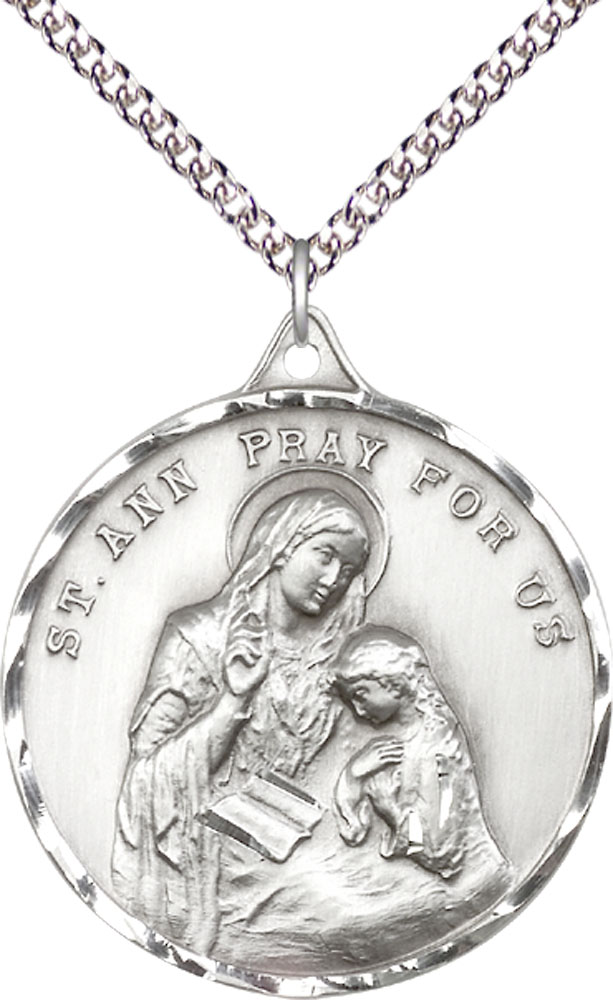 Sterling Silver Saint Ann Pendant on a 24 inch Sterling Silver Heavy Curb chain