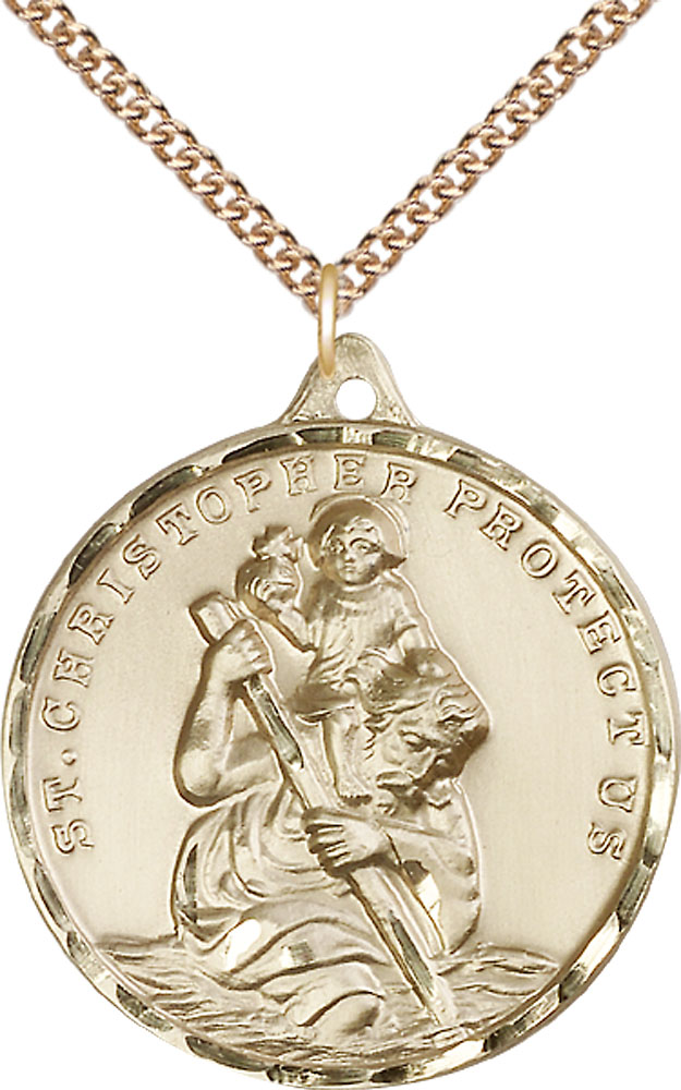 14kt Gold Filled Saint Christopher Pendant on a 24 inch Gold Filled Heavy Curb chain