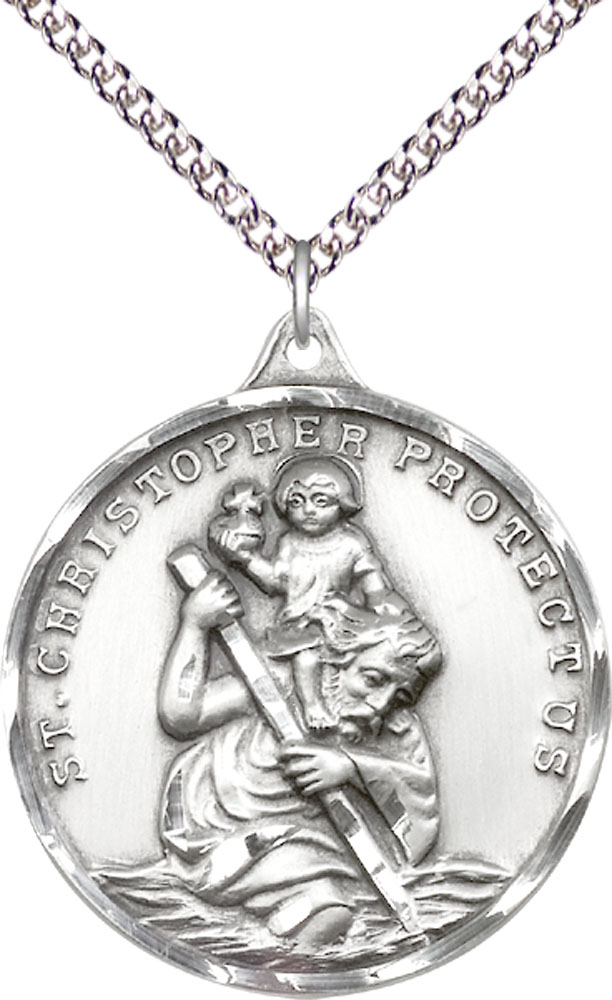 Sterling Silver Saint Christopher Pendant on a 24 inch Sterling Silver Heavy Curb chain