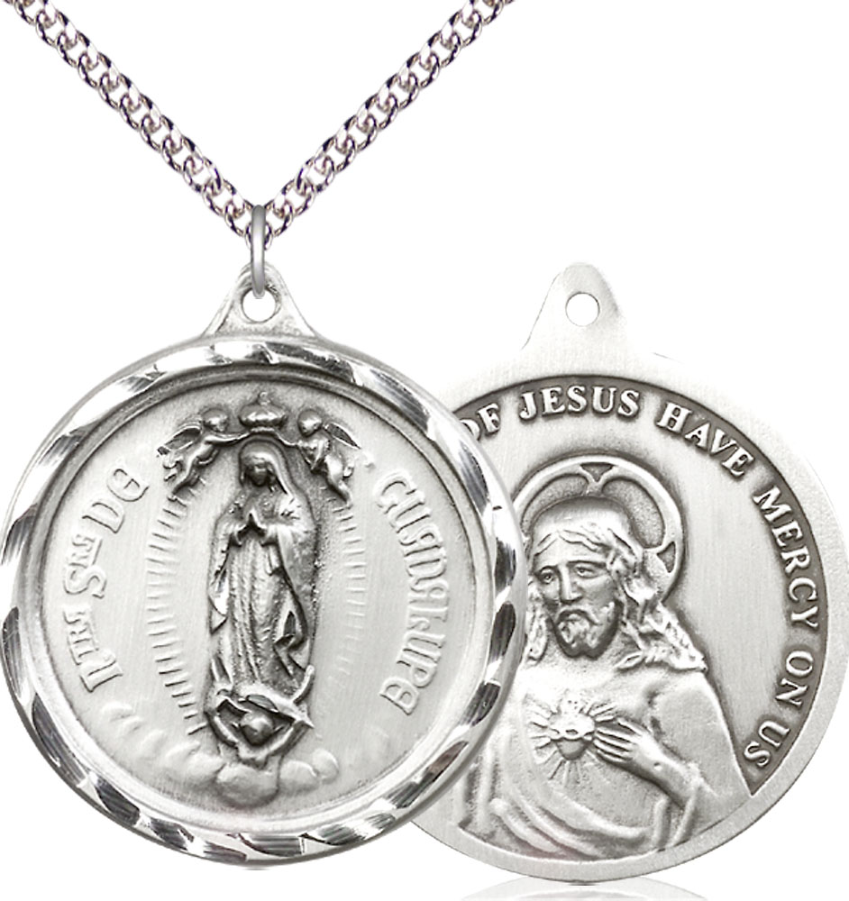 Sterling Silver Our Lady of Guadalupe Pendant on a 24 inch Sterling Silver Heavy Curb chain