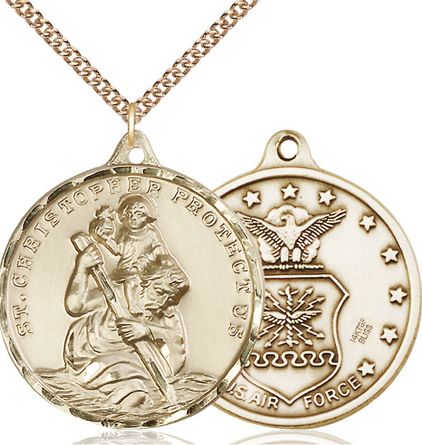 14kt Gold Filled Saint Christopher Air Force Pendant on a 24 inch Gold Filled Heavy Curb chain