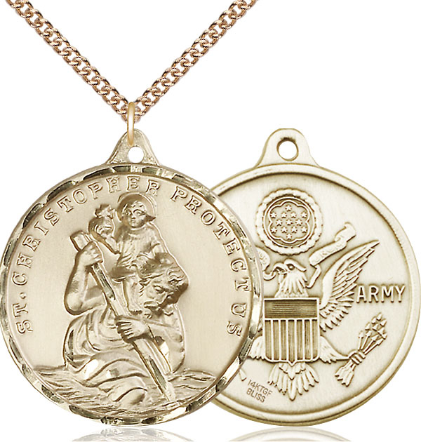 14kt Gold Filled Saint Christopher Army Pendant on a 24 inch Gold Filled Heavy Curb chain