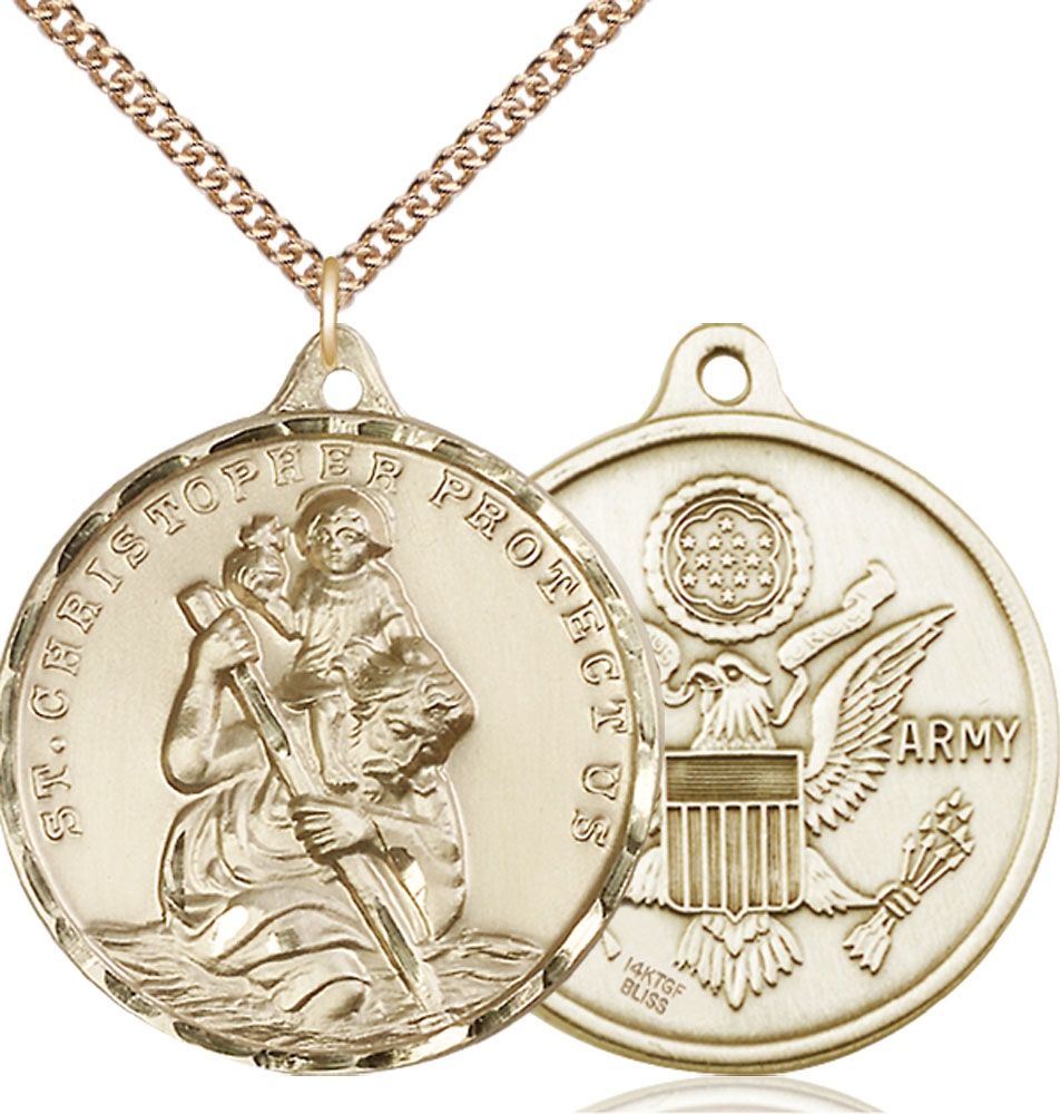 14kt Gold Filled Saint Christopher Army Pendant on a 24 inch Gold Filled Heavy Curb chain