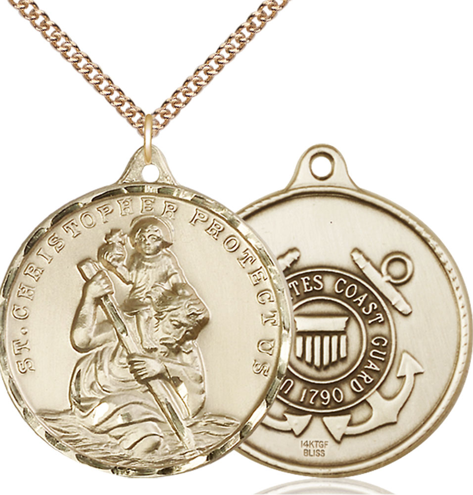 14kt Gold Filled Saint Christopher Coast Guard Pendant on a 24 inch Gold Filled Heavy Curb chain