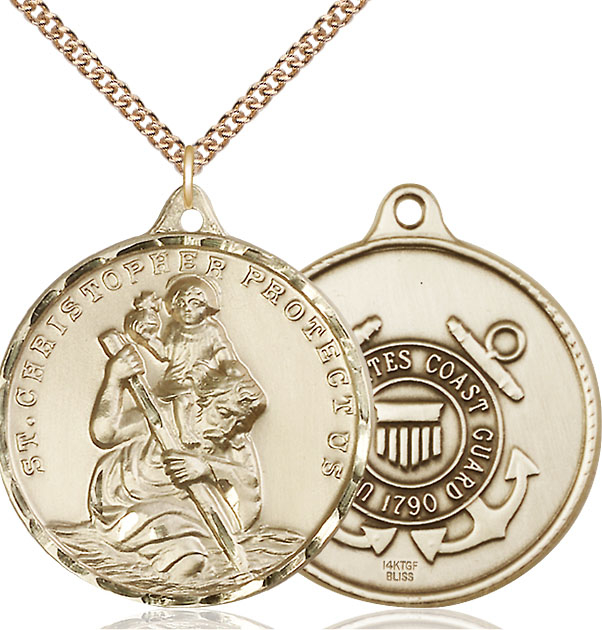14kt Gold Filled Saint Christopher Coast Guard Pendant on a 24 inch Gold Filled Heavy Curb chain