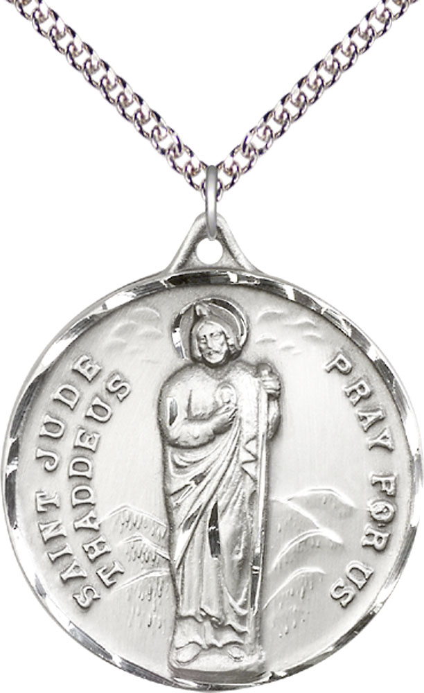 Sterling Silver Saint Jude Pendant on a 24 inch Sterling Silver Heavy Curb chain