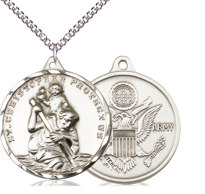 Sterling Silver Saint Christopher Army Pendant on a 24 inch Sterling Silver Heavy Curb chain