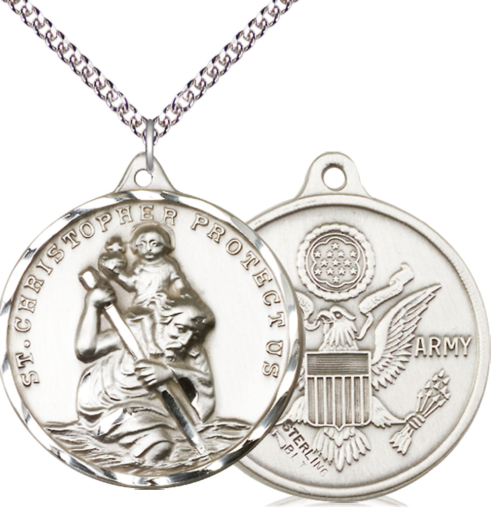 Sterling Silver Saint Christopher Army Pendant on a 24 inch Sterling Silver Heavy Curb chain