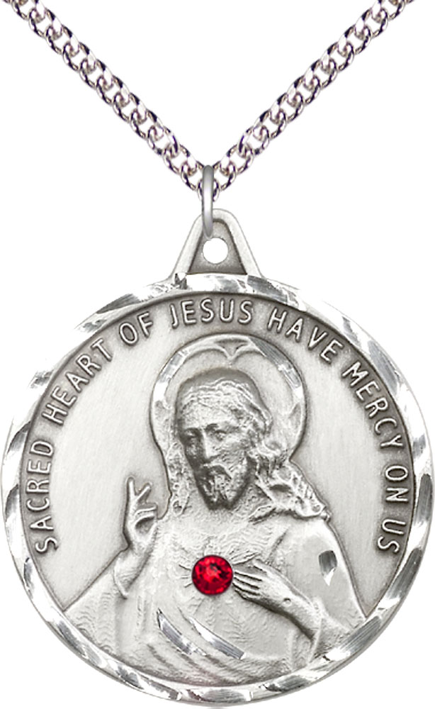 Sterling Silver Scapular w/ Ruby Stone Pendant with a 3mm Ruby Swarovski stone on a 24 inch Sterling Silver Heavy Curb chain