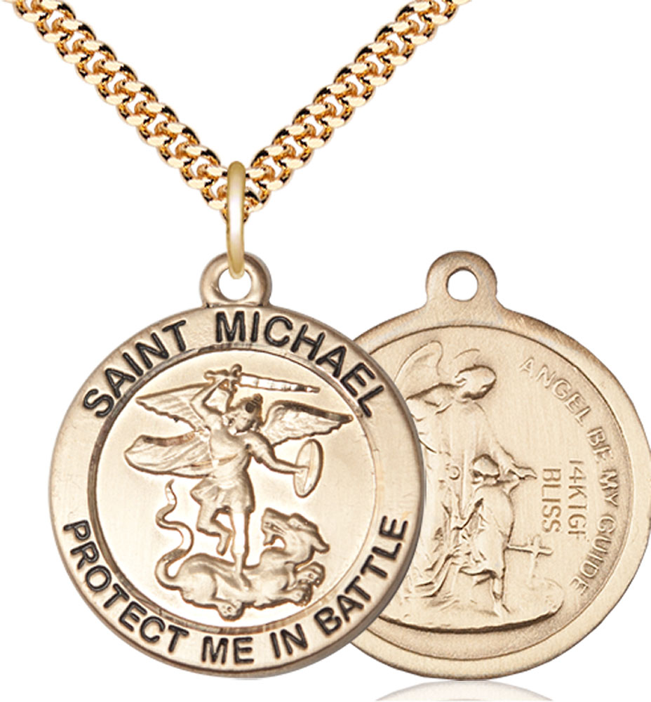 14kt Gold Filled Saint Michael Army Pendant on a 24 inch Gold Plate Heavy Curb chain