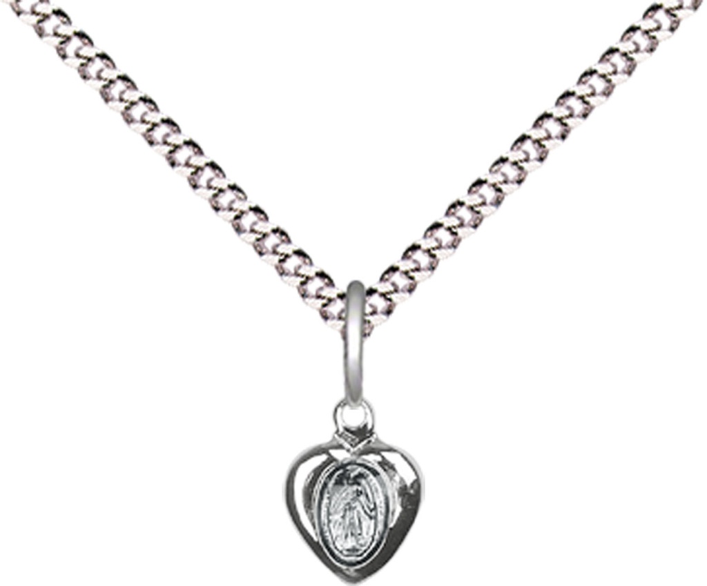 Sterling Silver Miraculous Heart Pendant on a 18 inch Light Rhodium Light Curb chain