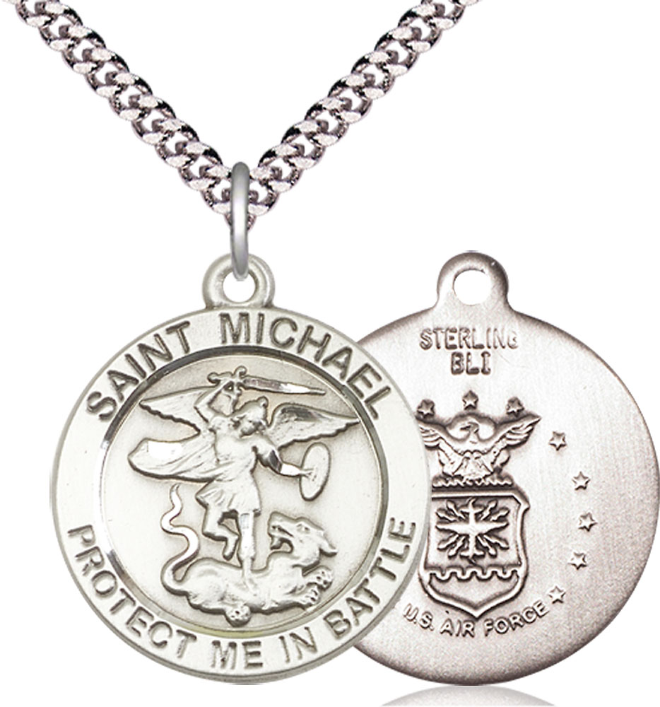 Sterling Silver Saint Michael Army Pendant on a 24 inch Light Rhodium Heavy Curb chain