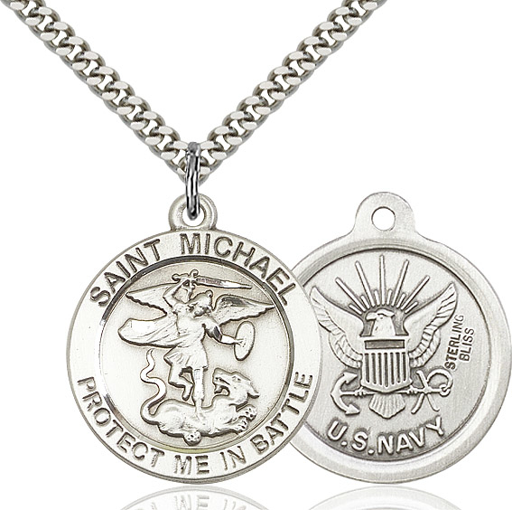 Sterling Silver Saint Michael Navy Pendant on a 24 inch Light Rhodium Heavy Curb chain