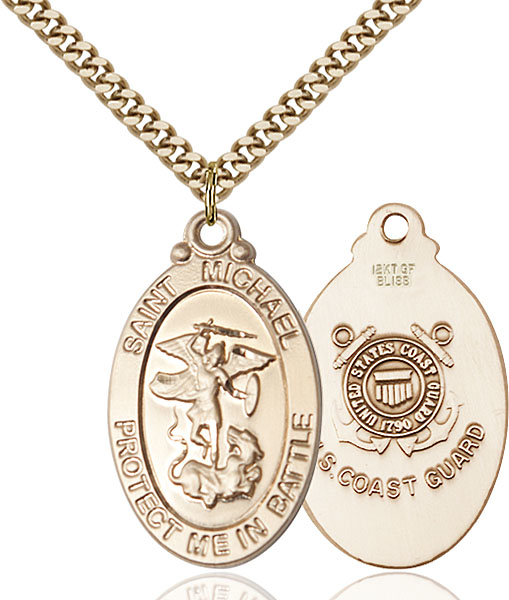 14kt Gold Filled Saint Michael Guardian Angel Coast Guard Pendant on a 24 inch Gold Plate Heavy Curb chain