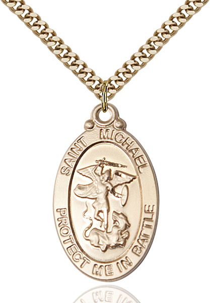14kt Gold Filled Saint Michael Navy Pendant on a 24 inch Gold Plate Heavy Curb chain