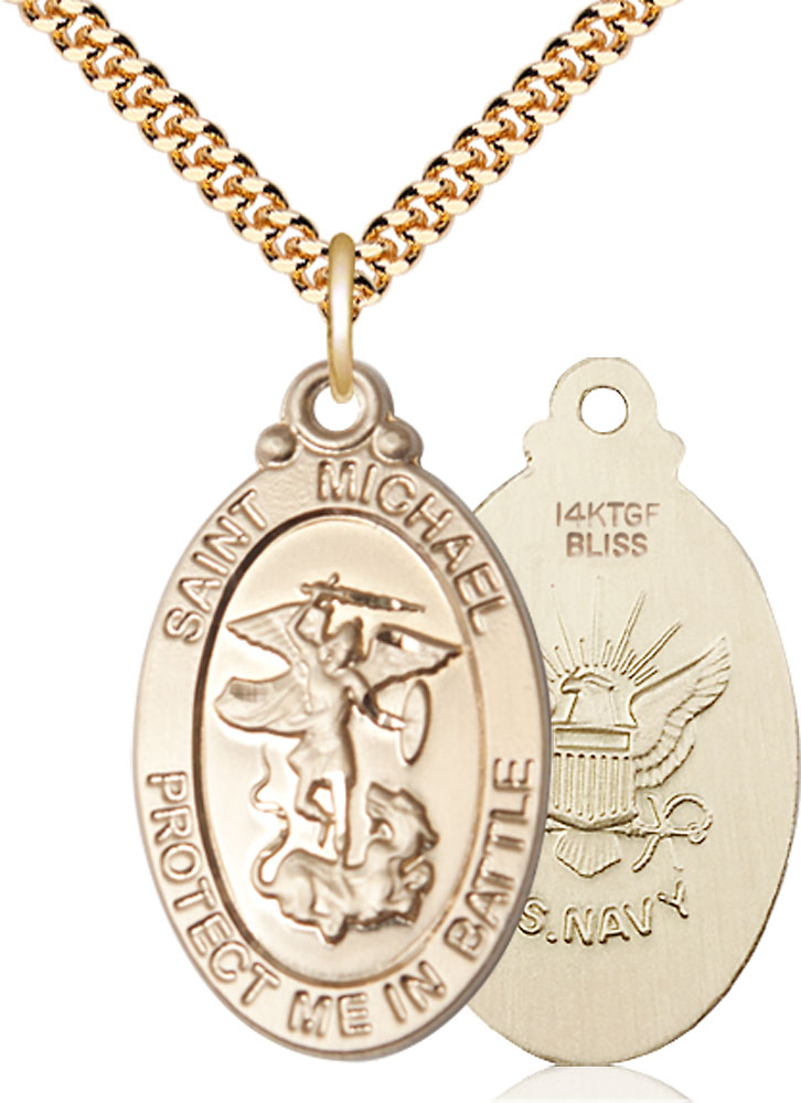 14kt Gold Filled Saint Michael Navy Pendant on a 24 inch Gold Plate Heavy Curb chain