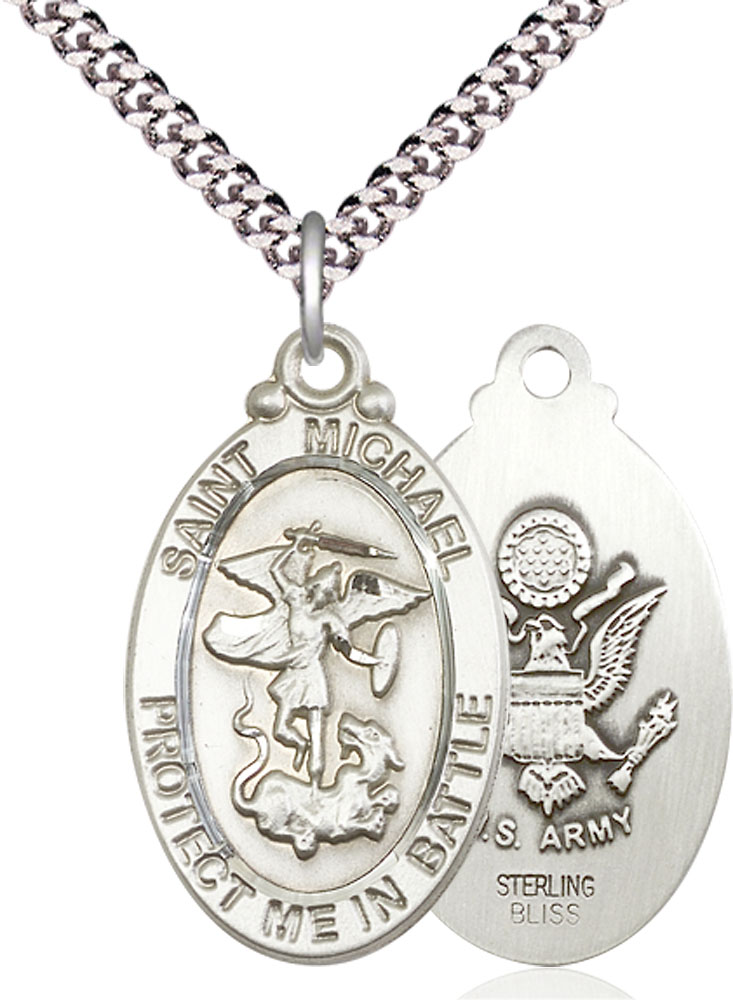 Sterling Silver Saint Michael Army Pendant on a 24 inch Light Rhodium Heavy Curb chain