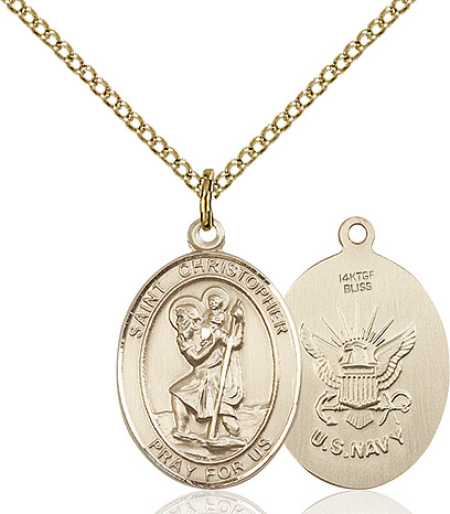 14kt Gold Filled Saint Michael Navy Pendant on a 18 inch Gold Filled Light Curb chain