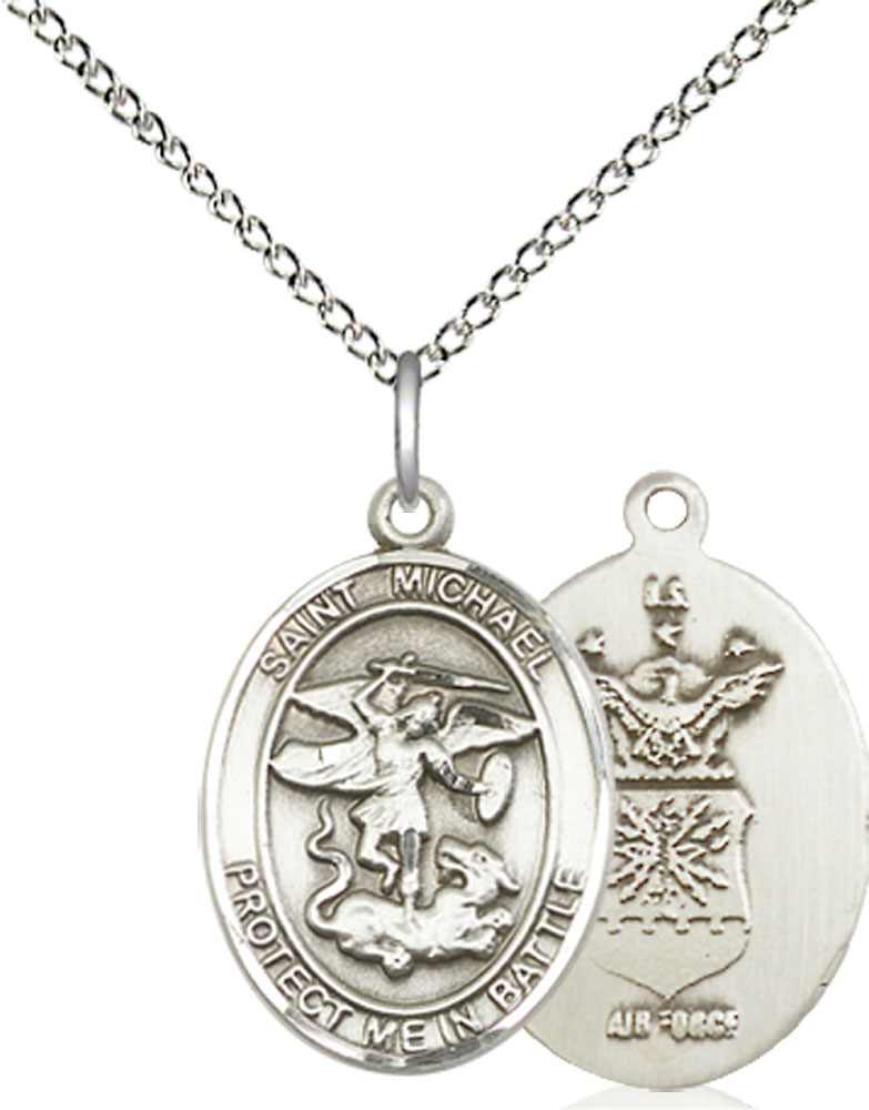 Sterling Silver Saint Michael Air Force Pendant on a 18 inch Sterling Silver Light Curb chain