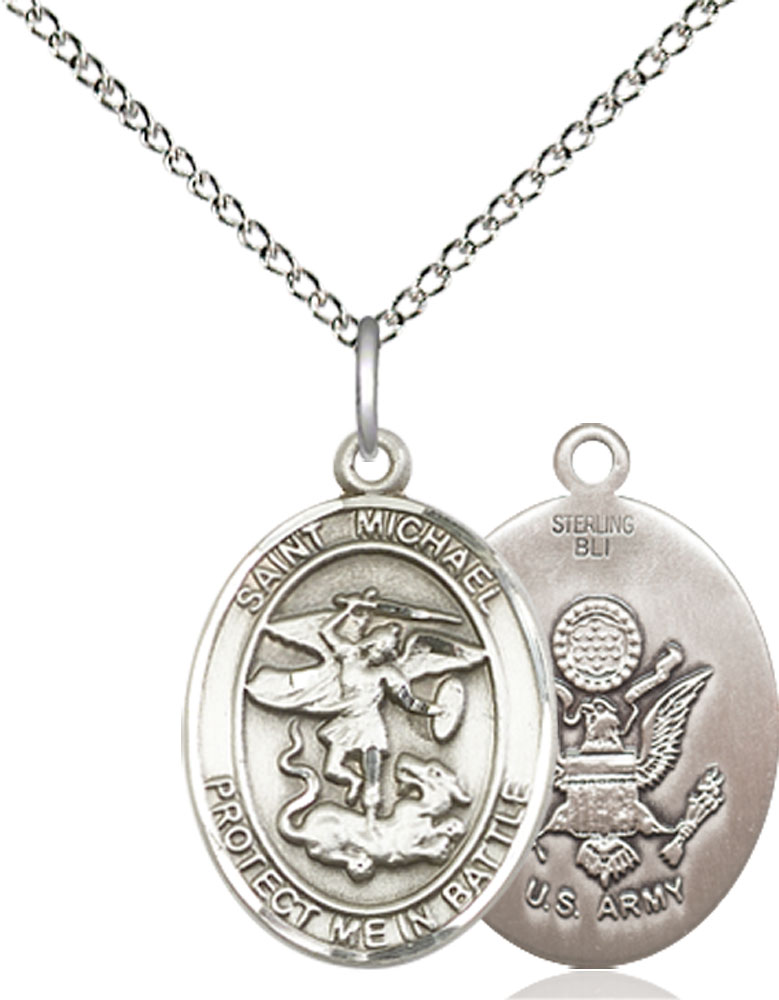 Sterling Silver Saint Michael Army Pendant on a 18 inch Sterling Silver Light Curb chain