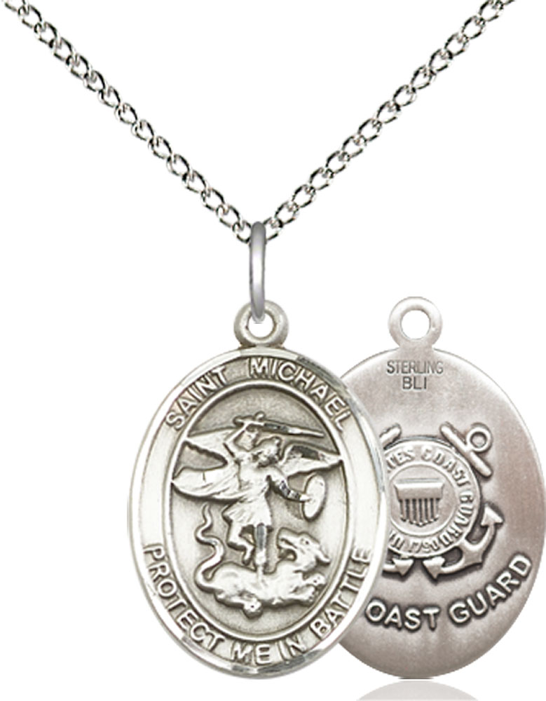 Sterling Silver Saint Michael Coast Guard Pendant on a 18 inch Sterling Silver Light Curb chain