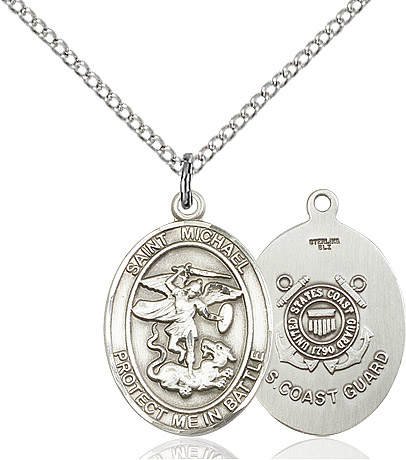 Sterling Silver Saint Michael Coast Guard Pendant on a 18 inch Sterling Silver Light Curb chain