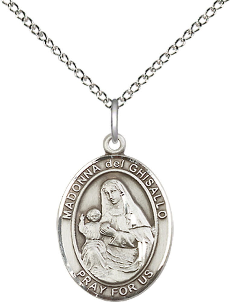 Sterling Silver Saint Madonna Del Ghisallo Pendant on a 18 inch Sterling Silver Light Curb chain