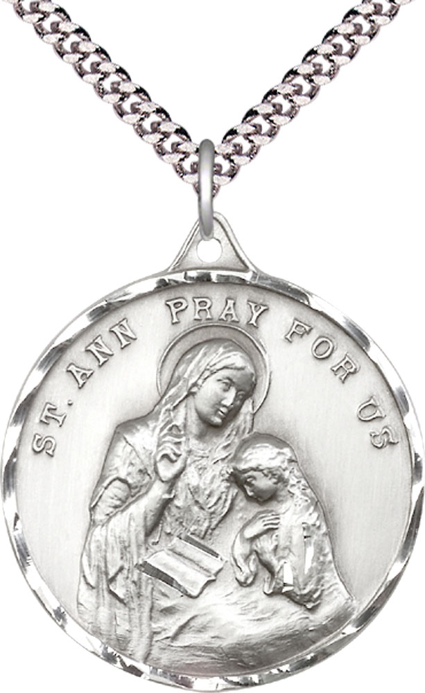 Sterling Silver Saint Ann Pendant on a 24 inch Light Rhodium Heavy Curb chain