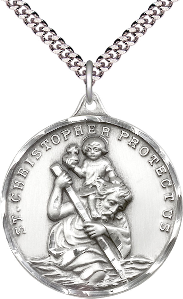 Sterling Silver Saint Christopher Pendant on a 24 inch Light Rhodium Heavy Curb chain