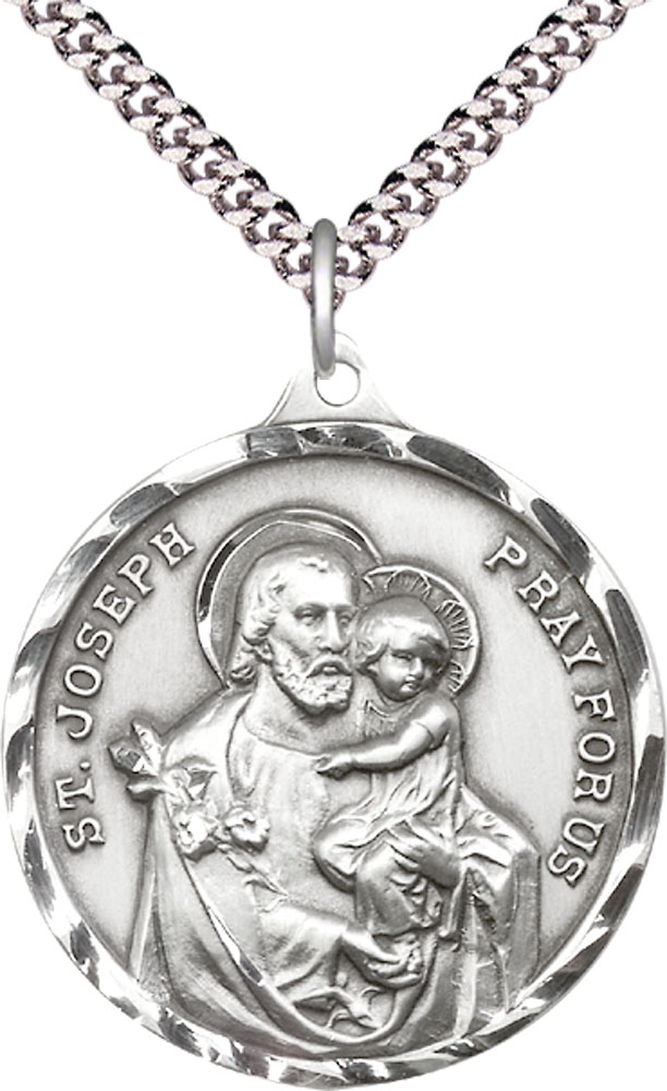 Sterling Silver Saint Joseph Pendant on a 24 inch Light Rhodium Heavy Curb chain