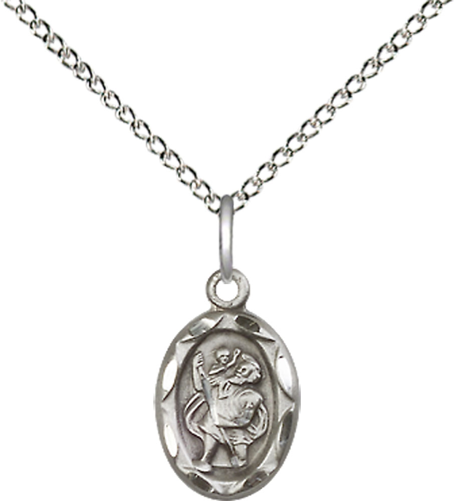 Sterling Silver Saint Christopher Pendant on a 18 inch Sterling Silver Light Curb chain