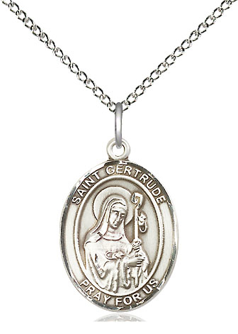 Sterling Silver Saint Gertrude of Nivelles Pendant on a 18 inch Sterling Silver Light Curb chain