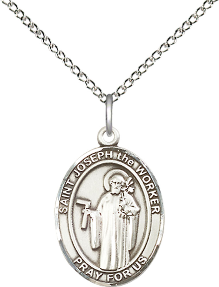 Sterling Silver Saint Joseph the Worker Pendant on a 18 inch Sterling Silver Light Curb chain