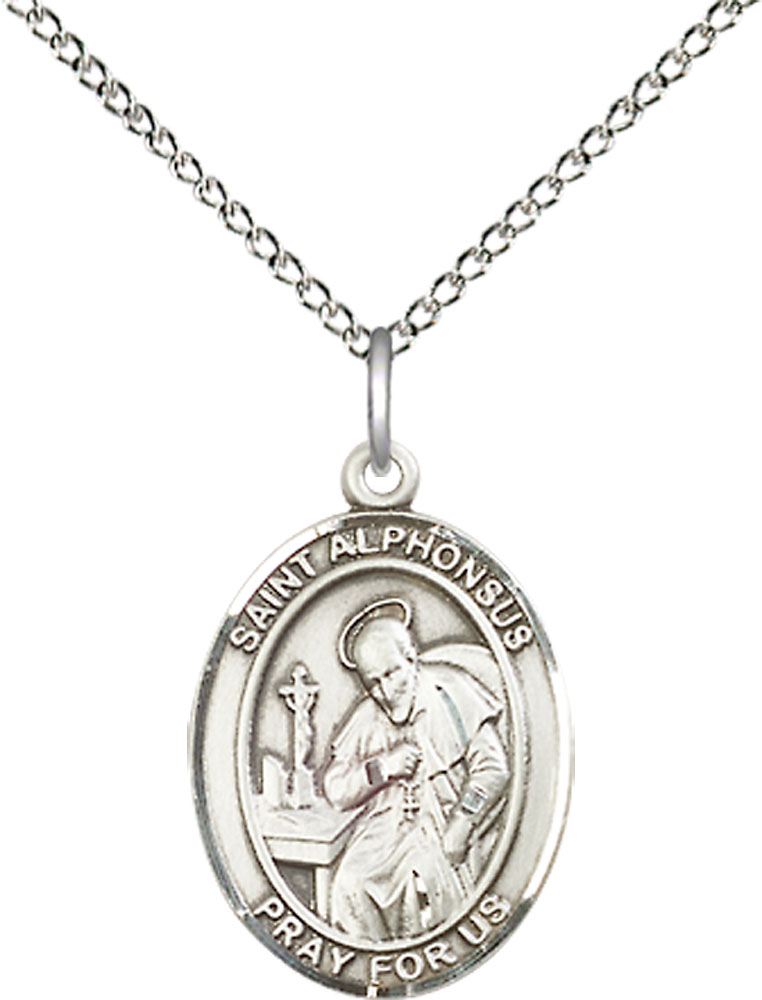 Sterling Silver Saint Alphonsus Pendant on a 18 inch Sterling Silver Light Curb chain