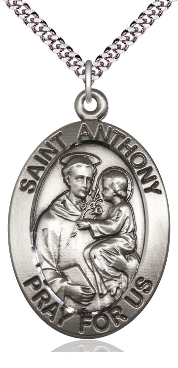 Sterling Silver Saint Anthony Pendant on a 24 inch Light Rhodium Heavy Curb chain