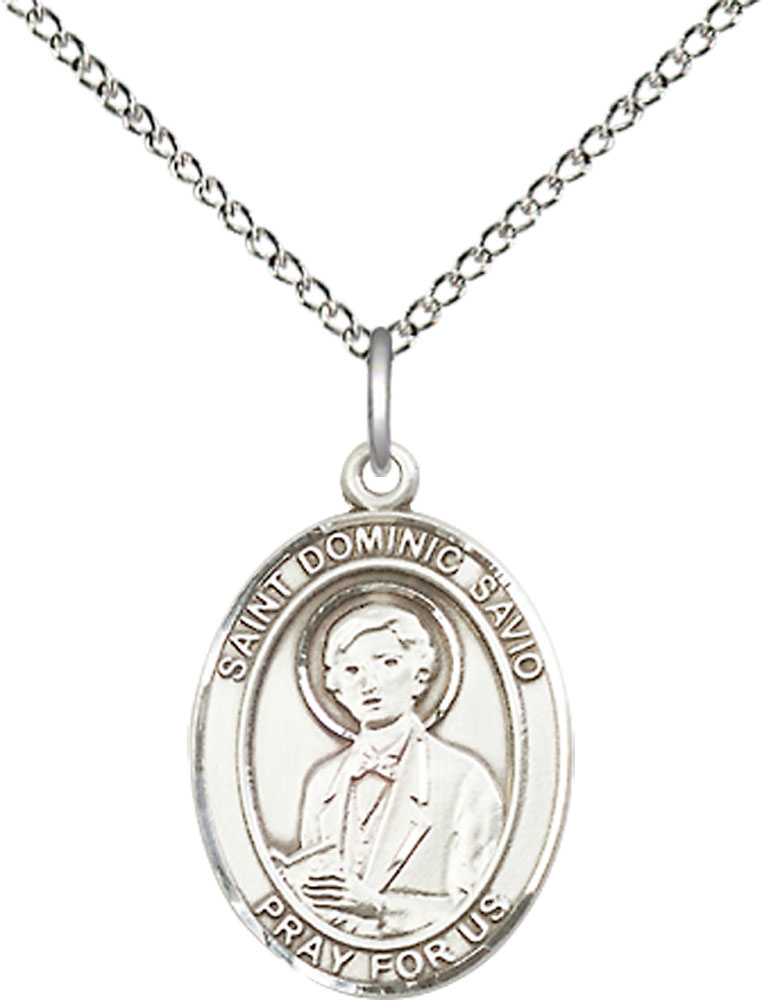 Sterling Silver Saint Dominic Savio Pendant on a 18 inch Sterling Silver Light Curb chain