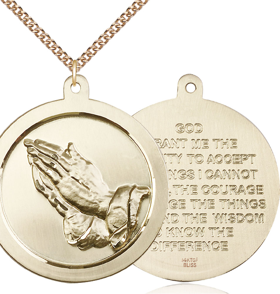 14kt Gold Filled Praying Hand Pendant on a 24 inch Gold Filled Heavy Curb chain